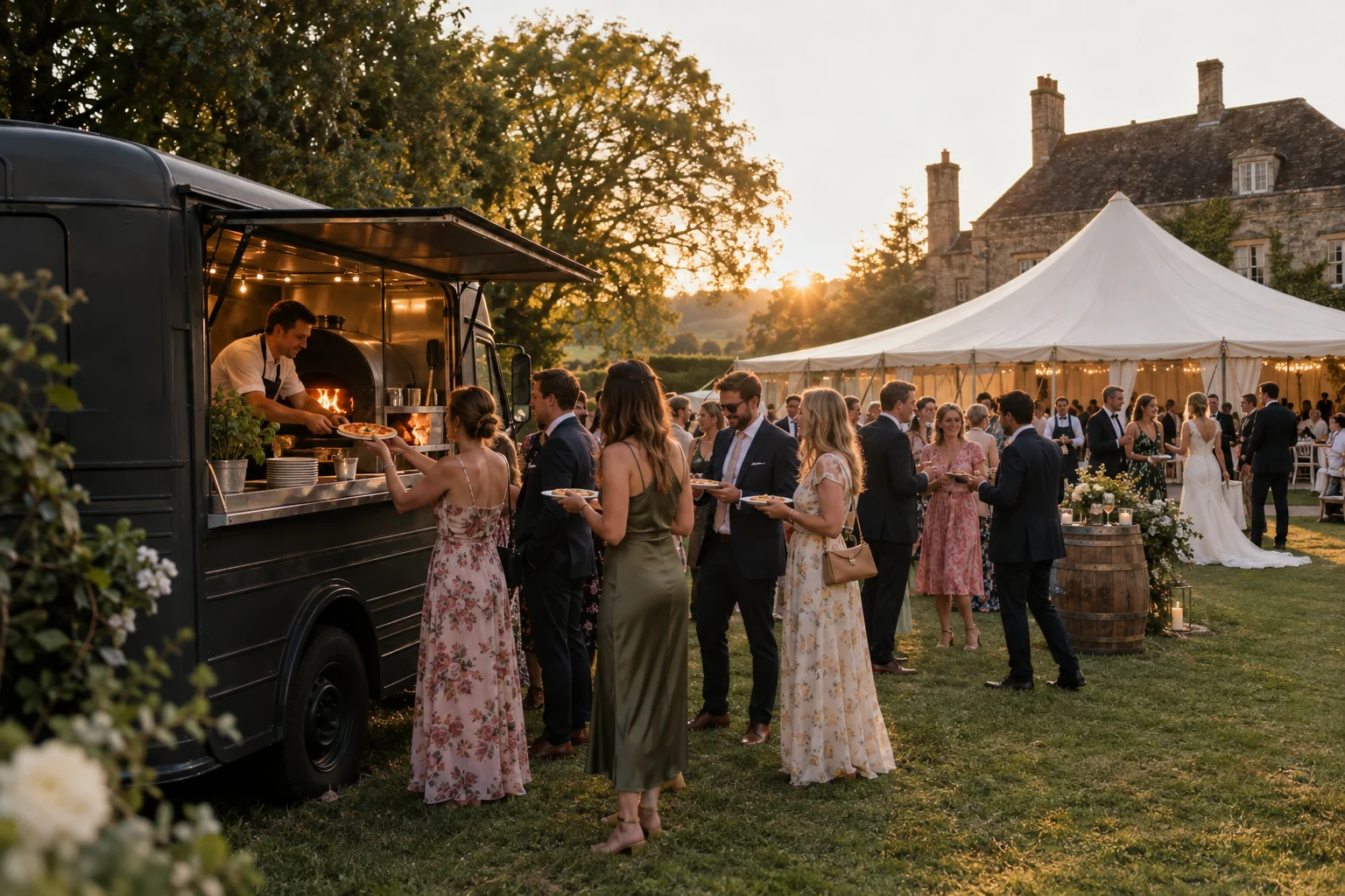 Pizza Press mobile pizza van set up on grass for a wedding