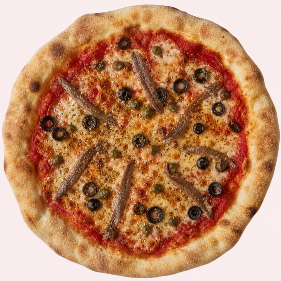 Stone-baked anchovies pizza with capers and black olives