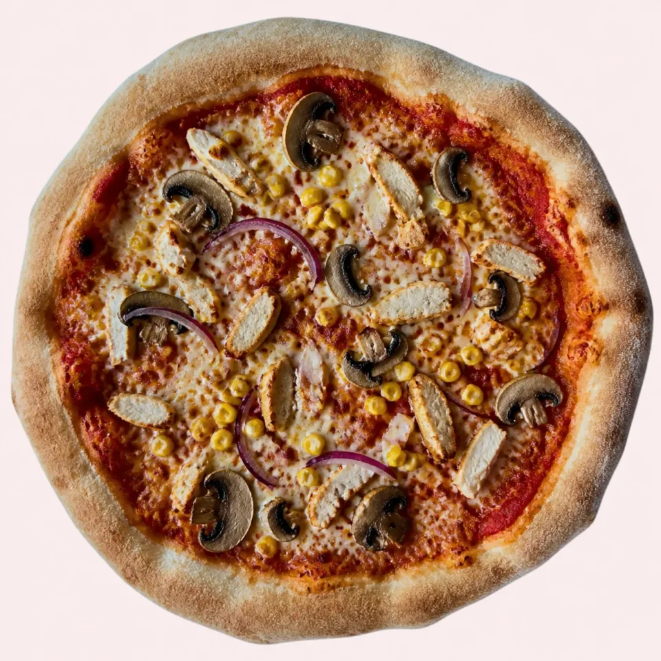 Stone-baked chicken and mushroom pizza with red onion and sweetcorn
