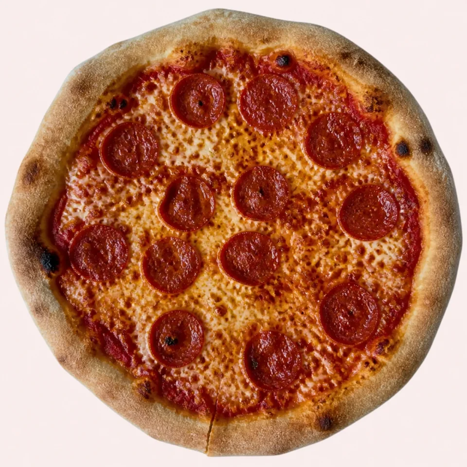 Stone-baked beef pepperoni pizza finished with hot honey