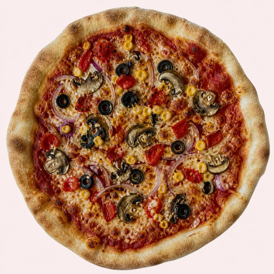 Stone-baked vegetable pizza with peppers, mushrooms, olives, onion and sweetcorn
