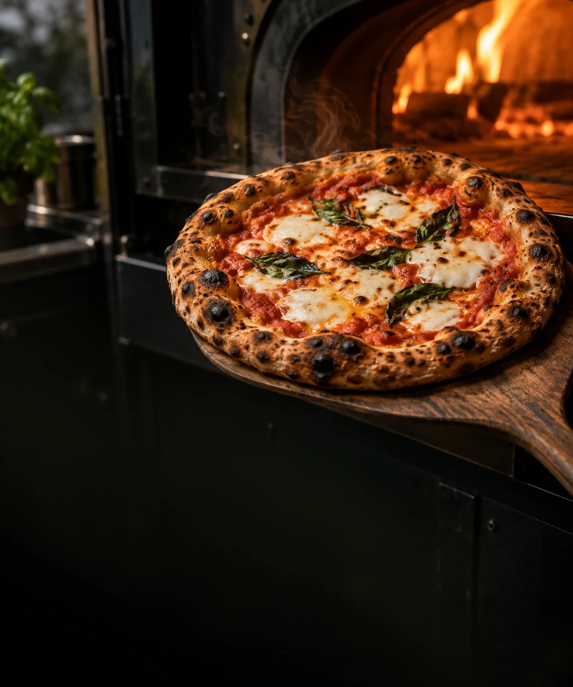 Fresh margherita pizza beside a glowing stone oven